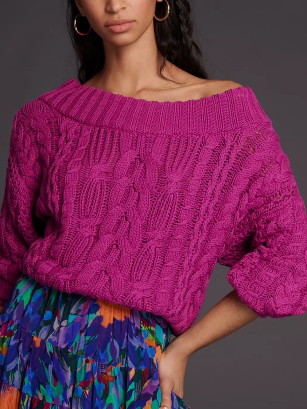 Anthropologie Bella Cable-Knit Sweater size XS Magenta Oversized Cotton